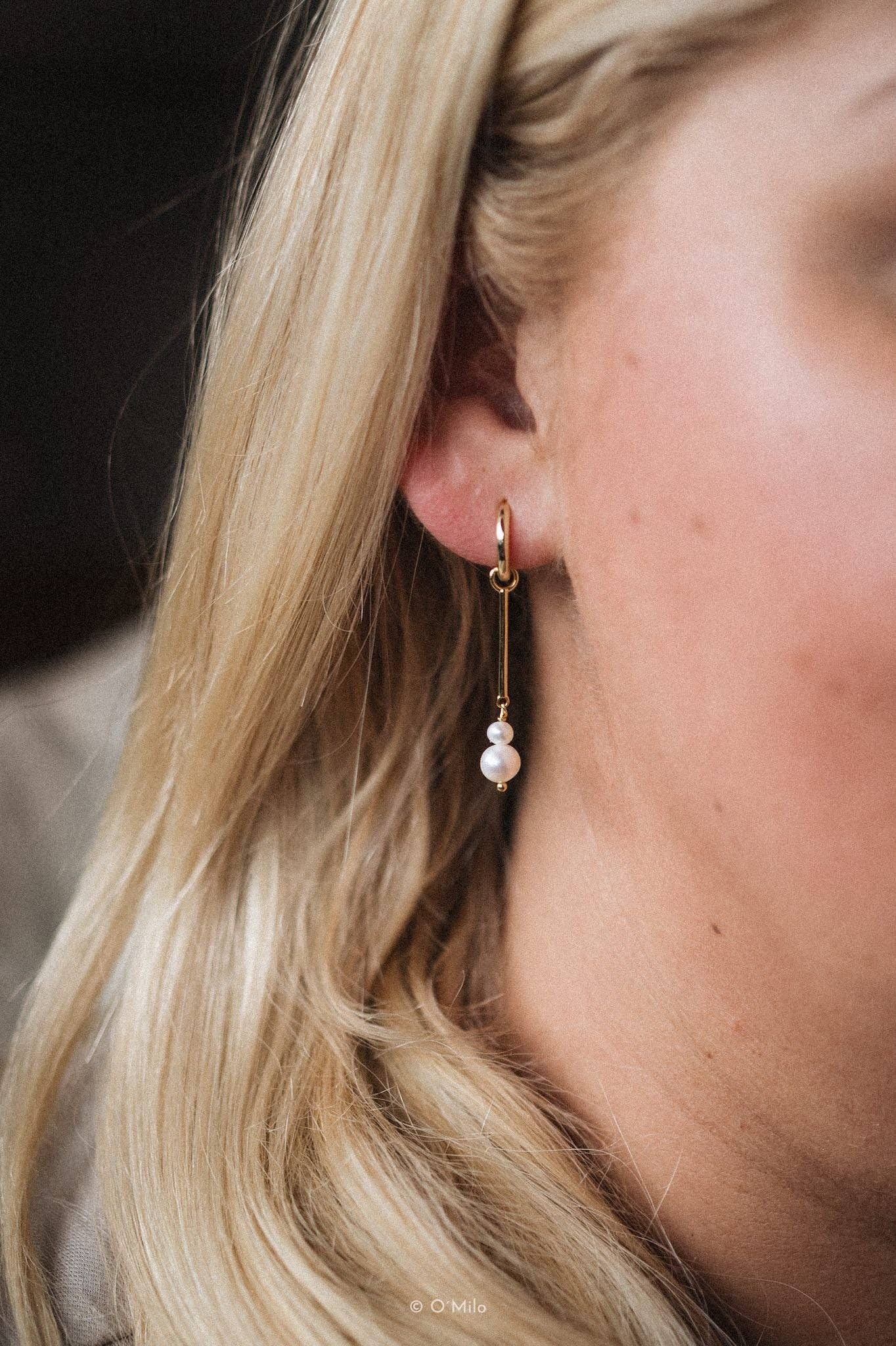O'Milo - Wholesale Dangle Earrings - Pearl Drop Hoops. Elise4