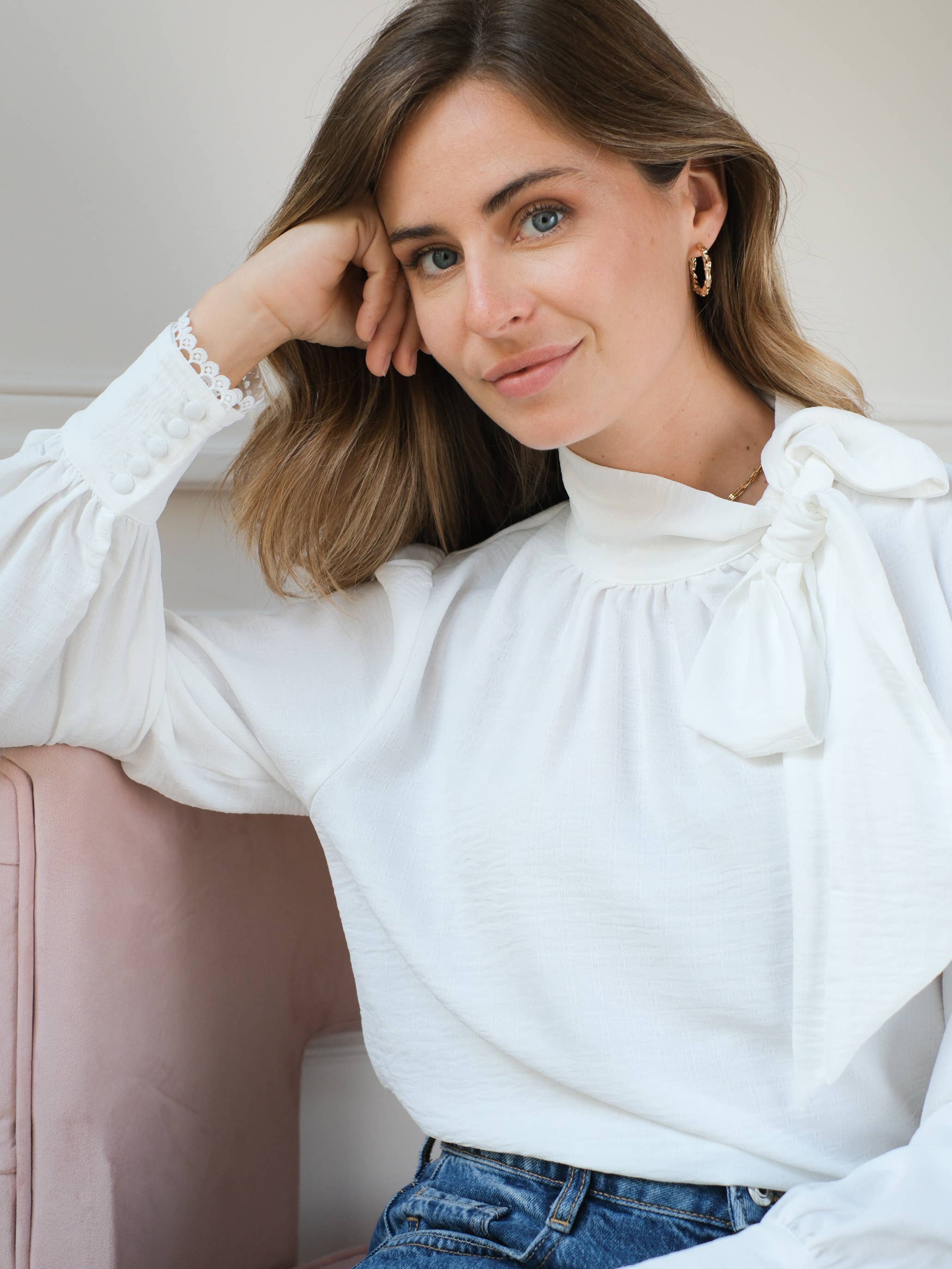 LOVIE & CO - Wholesale Blouse - Women's - Textured blouse with lavallière collar and open back - 4973T-MARGOT8