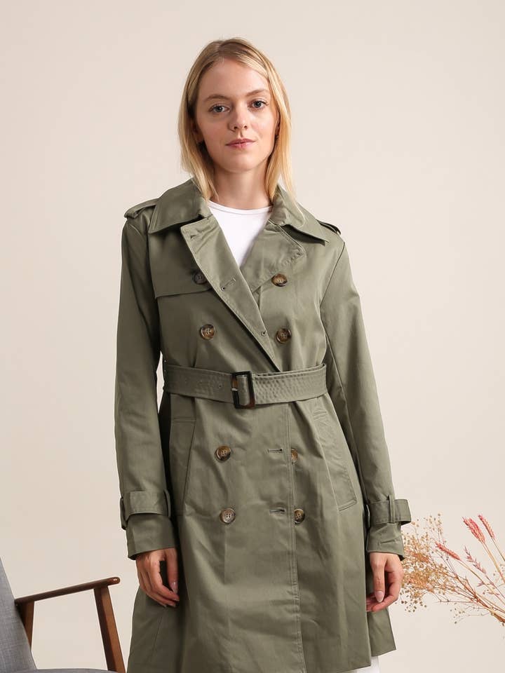 Attrait Paris - Wholesale Trench Coat - Women's - Mid-length double-breasted trench coat with belt0