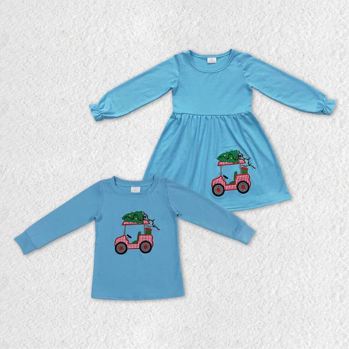 Sibling Boys Girls Christmas Tractor Blue Shirts Dresses for wholesale by Aier Wholesale