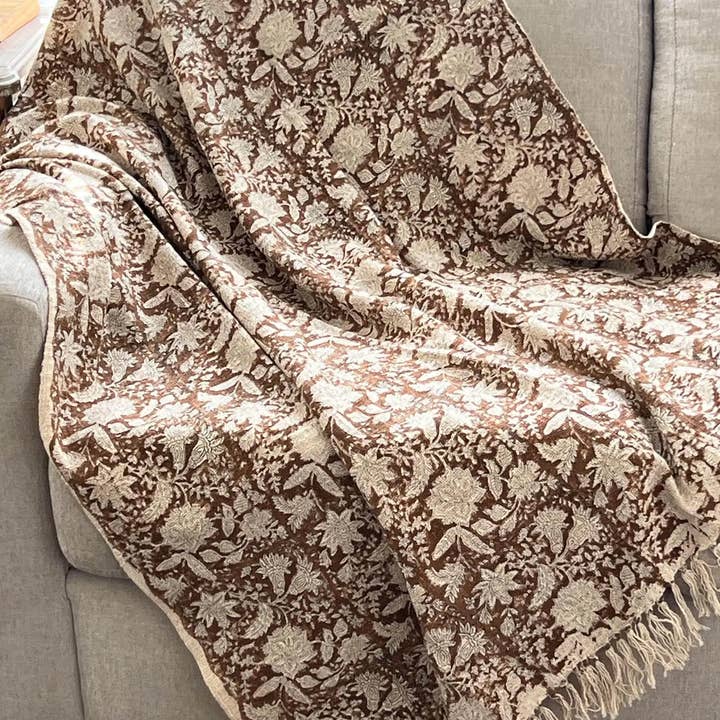 Handmade Throw Floral Block Print Cotton Blanket Tassels. for wholesale by Sunny Dzyns