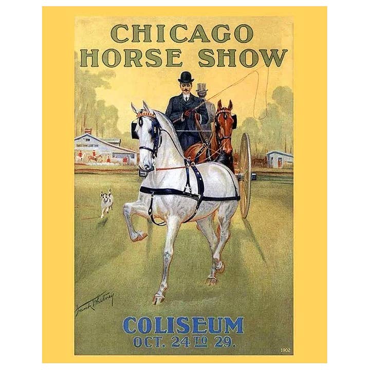 The Gift Horses – Engroshandel Kunsttryk – Chicago Horse Show plakattryk - Fra 1902 plakat. Smukke amerikanske sadelavede heste, der kører i tandem. Gave til rytter, hesteelsker
