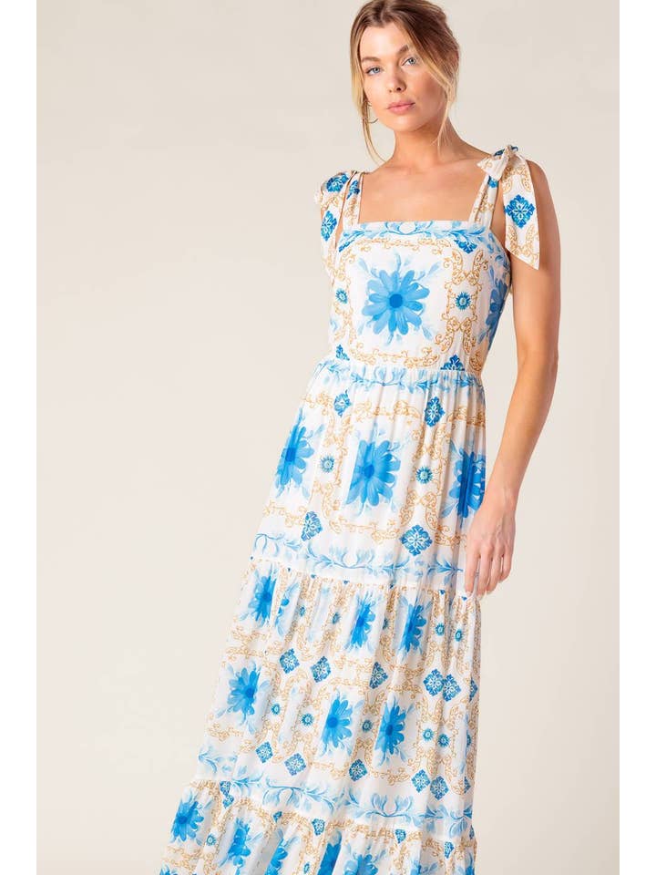 A printed woven maxi dress - ID22141 IVORY BLUE for wholesale on Faire
