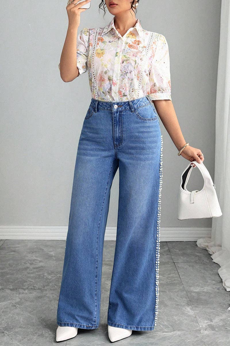 BLUE Pearl-Trim Wide Leg Jeans for wholesale on Faire0