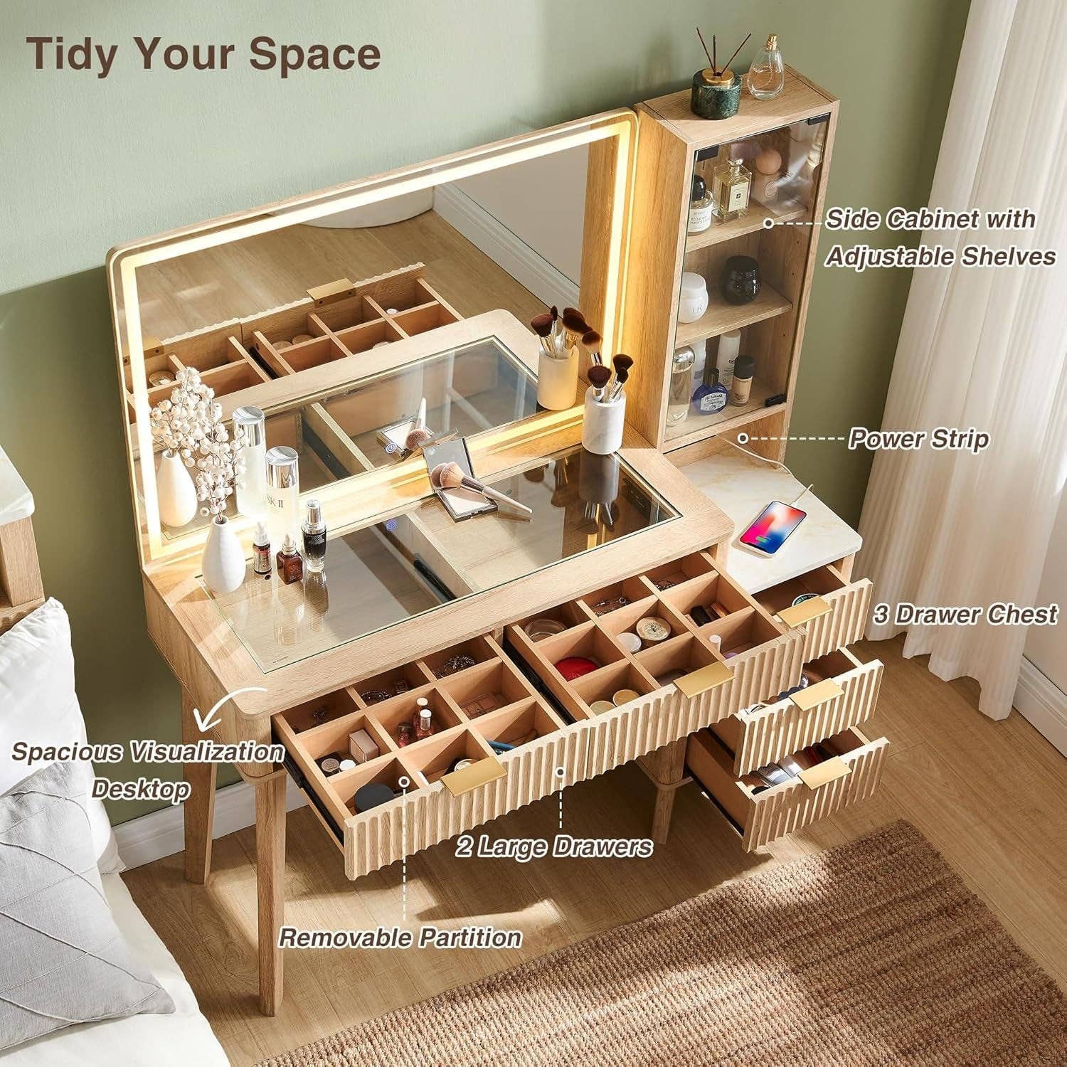 ShipItFurniture - Wholesale Vanity Mirror - Oak Fluted Makeup Vanity 48 Inch With Lighted Mirror3