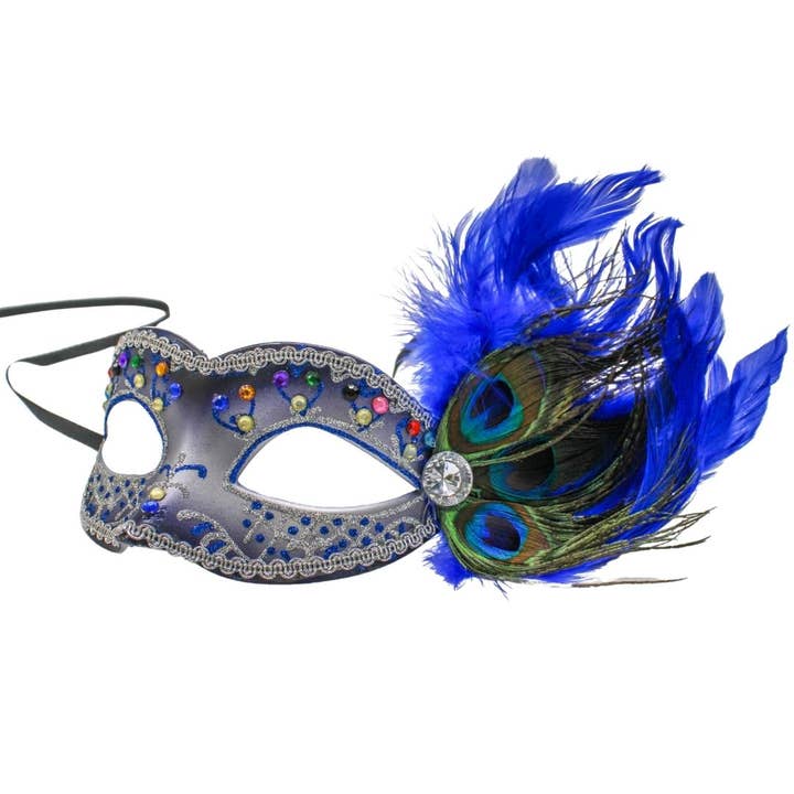 Royal Blue and Silver Mask with Jewels and Royal Blue Feather (Each) for wholesale by Plush Appeal LLC