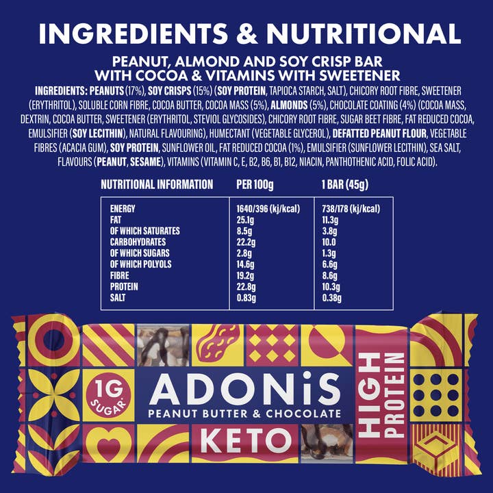 Adonis Foods Europe GmbH - Vendita all'ingrosso Barrette - Barrette Keto ad alto contenuto proteico con burro di arachidi e cacao (16x45 g)5