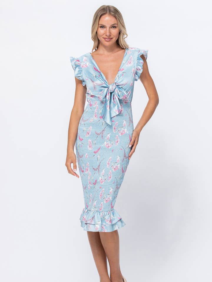 Abito longuette smock con gonna con dettaglio annodato sul davanti per la vendita all'ingrosso da parte di Dear Daisy