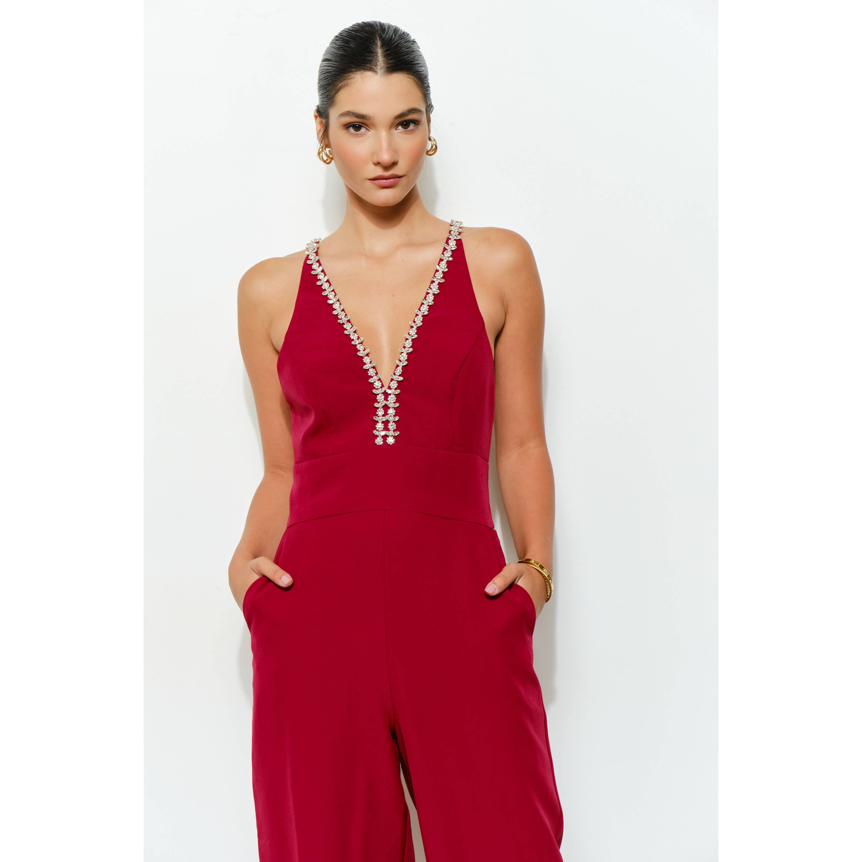 INA - Venta al por mayor Peto - Mujer - Mono con escote profundo en V cruzado en la espalda con adornos de cristal14