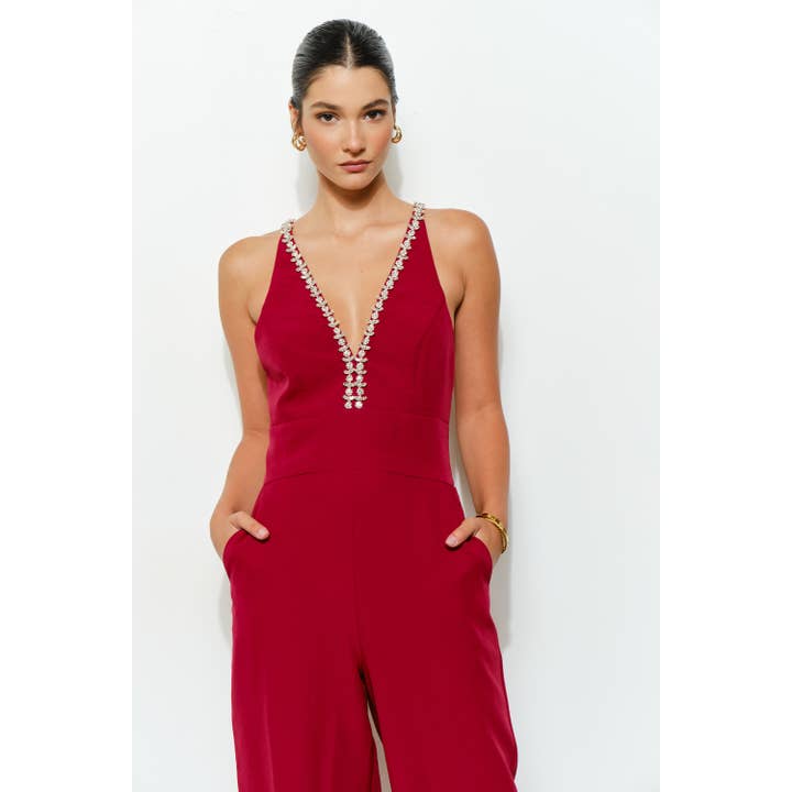 INA – wholesale Jumpsuit - Dam – Kristallprydd djup V-ringad jumpsuit med korsad rygg14