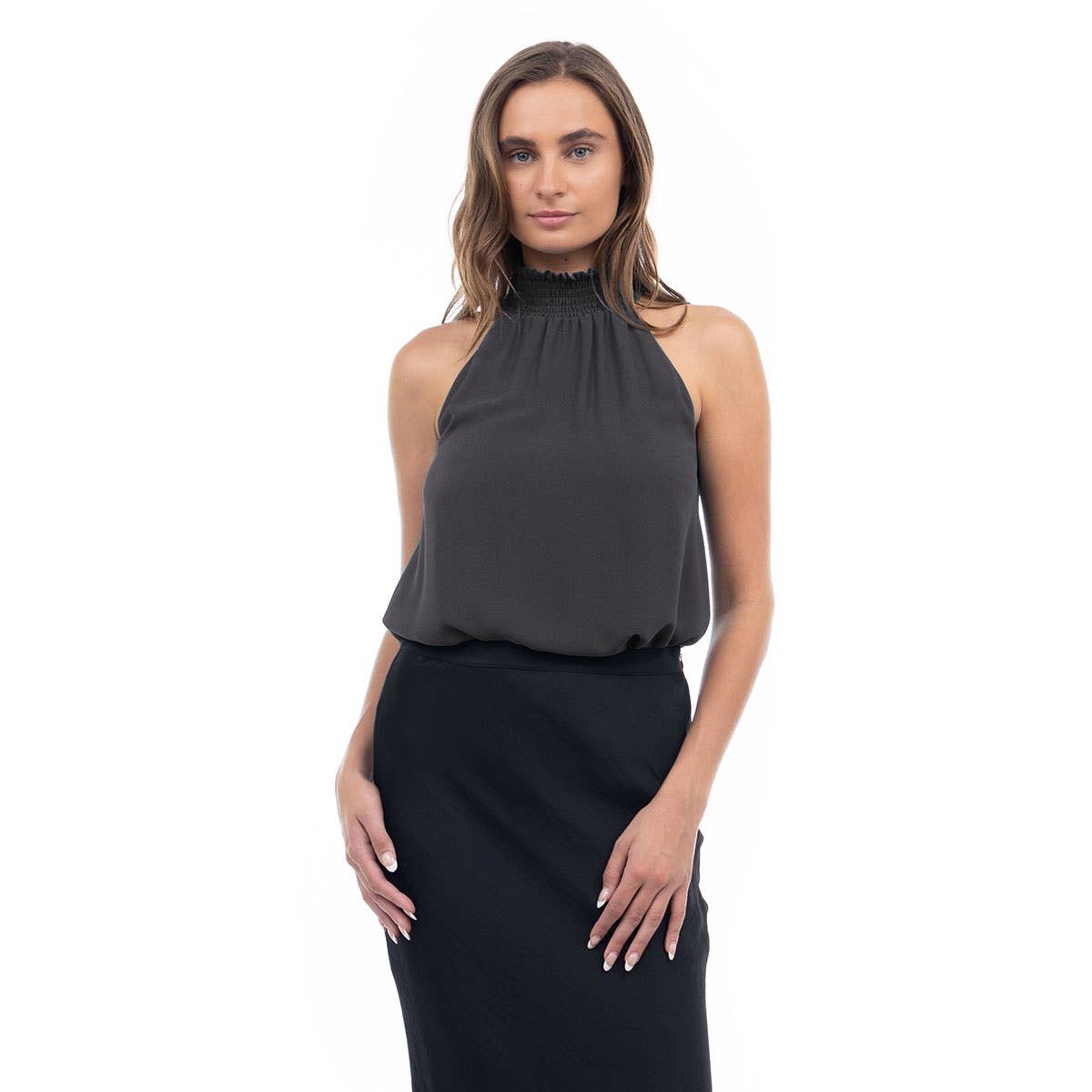 Naked Zebra Rack - Wholesale Tank Top - Women's - Halter Mock Neck Smocked Rounded Hem Top4