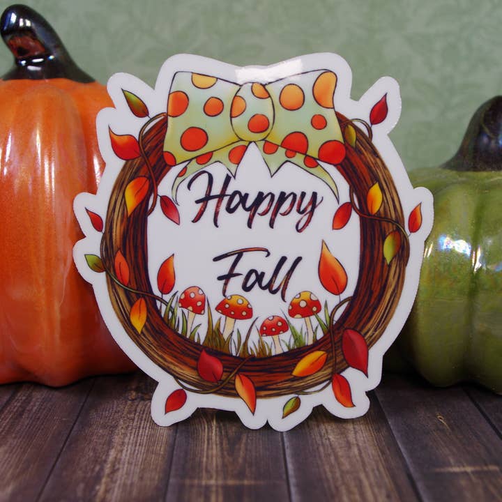Happy Fall Vinyl Sticker | Waterproof Sticker for wholesale by Eerie Cat