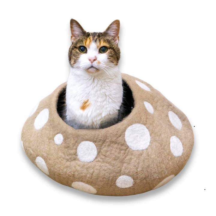 Grotte pour chat en laine feutrée CHAMPIGNON BEIGE Grotte écologique pour chat pour la vente par Friendsheep