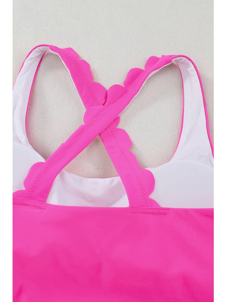 EG fashion - Wholesale Two Piece Swimsuit - Women's - Pink Scalloped Sleeveless High Waisted Two Piece Swimsuit36