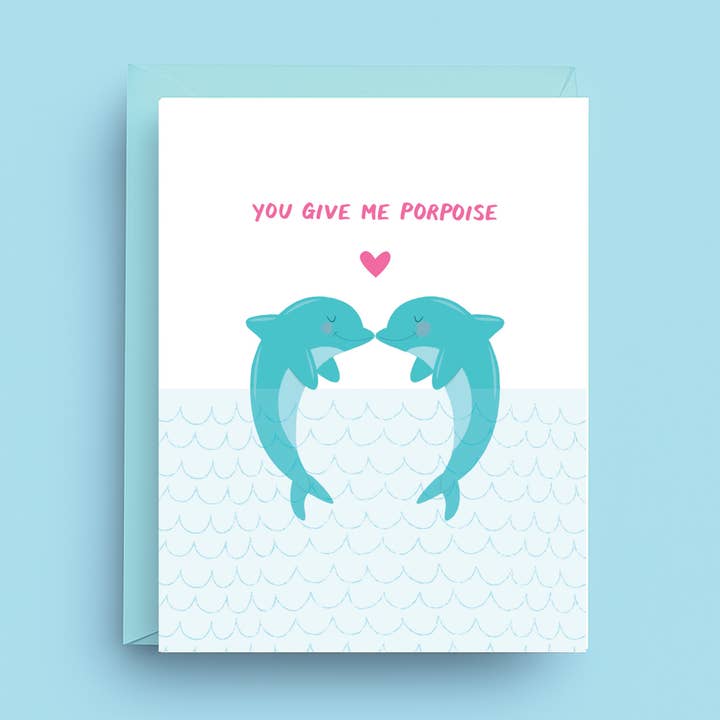 Dolphin Love Card - You Give Me Porpoise - Biglietto di anniversario per la vendita all'ingrosso da parte di Nicole Marie Paperie