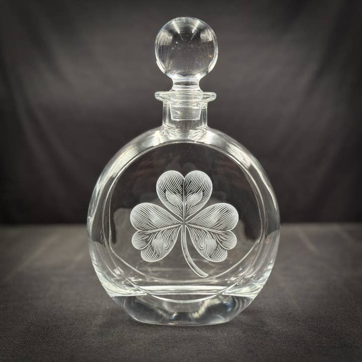 Shamrock - 750mL Flat Round Glass Decanter for wholesale by Adirondack Etching LLC