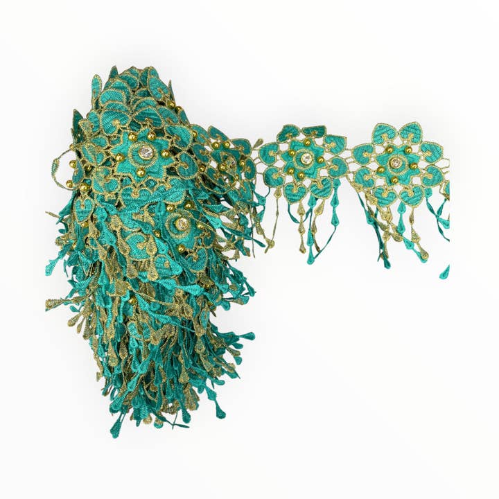 Floral Lace Trimmings - Teal Green / Gold for wholesale by City Fabrics