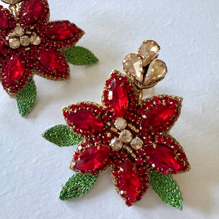 Louie Love - Wholesale Dangle Earrings - Beaded Rhinestone Poinsettia Christmas Flower Earrings2