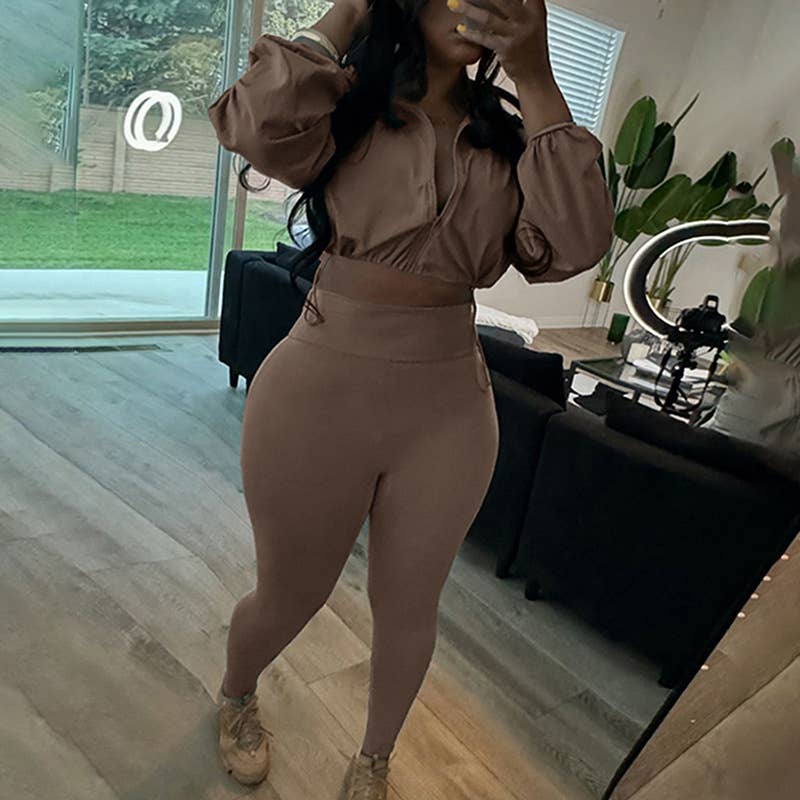 Lily Clothing - Wholesale Top & Pant Set (NOT Loungewear) - Women's - Drawstring Crop Top High Waist Skinny Pants Set56