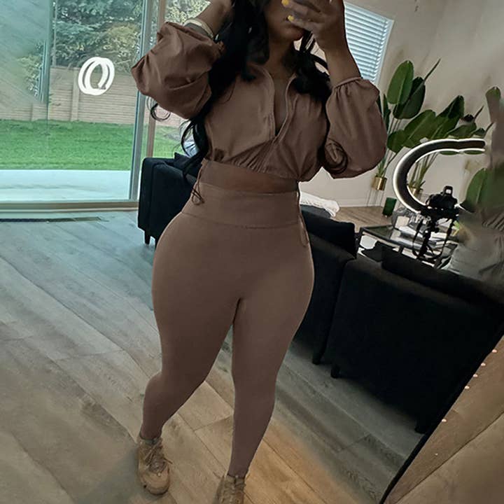 Lily Clothing - Wholesale Top & Pant Set (NOT Loungewear) - Women's - Drawstring Crop Top High Waist Skinny Pants Set56