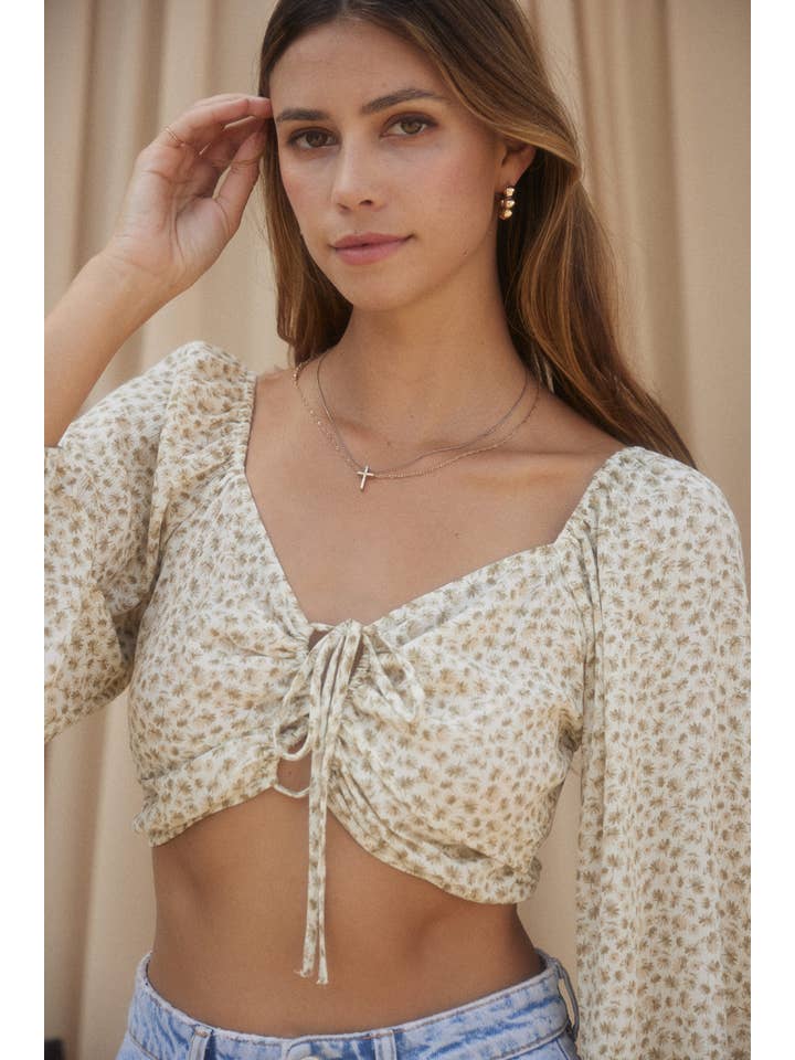 OLIVE BEIGE DJT5511 HALF SLEEVE PEASANT CROP TOP WITH TIE for wholesale on Faire
