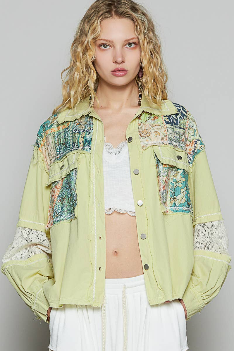 Pol Clothing - Wholesale Shirt Jacket/Shacket - Women's - Balloon sleeve printed woven mixed denim shacket SALE28