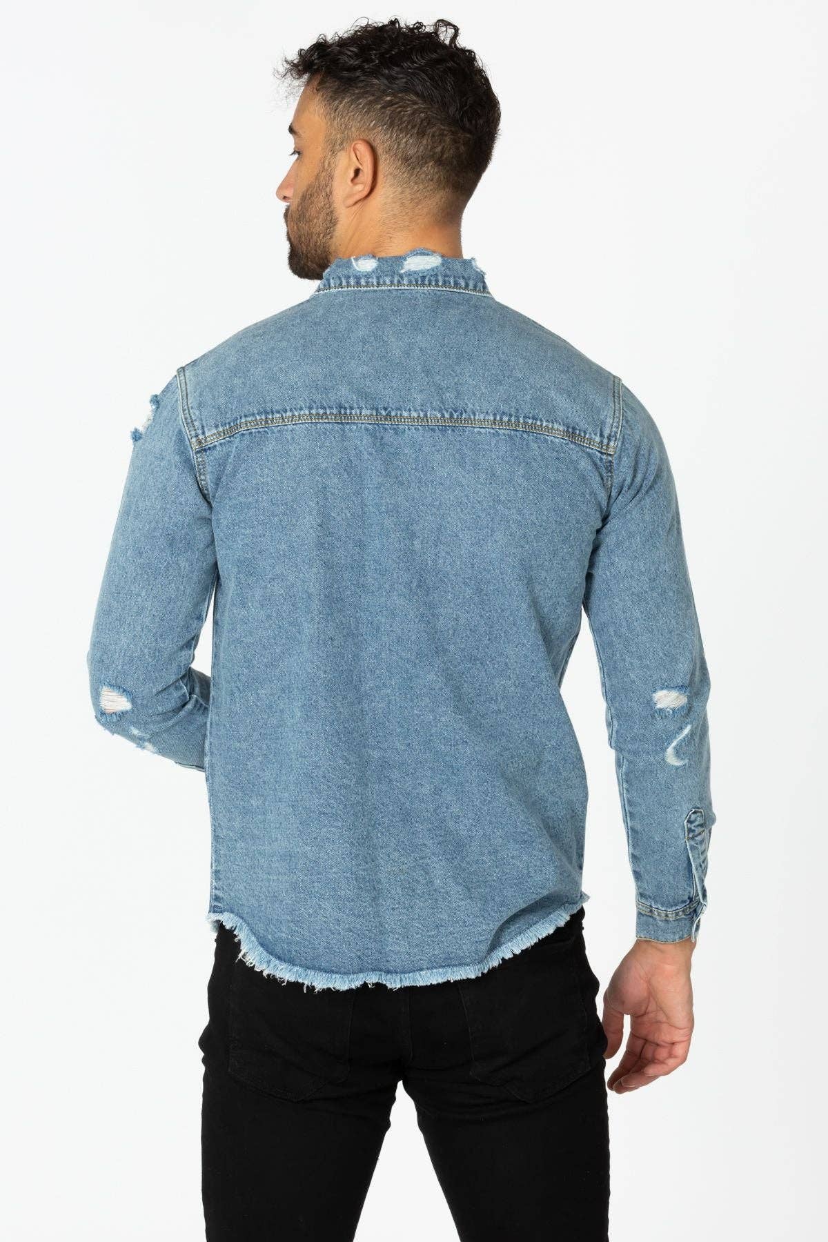 LIGHT WASHED Men's Denim Shirt with Distressed for wholesale on Faire5