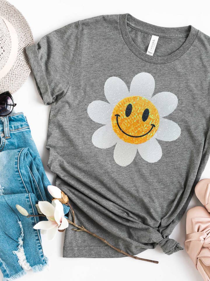 Sequin Smile Daisy Tee Shirt for wholesale by Love & Bambii