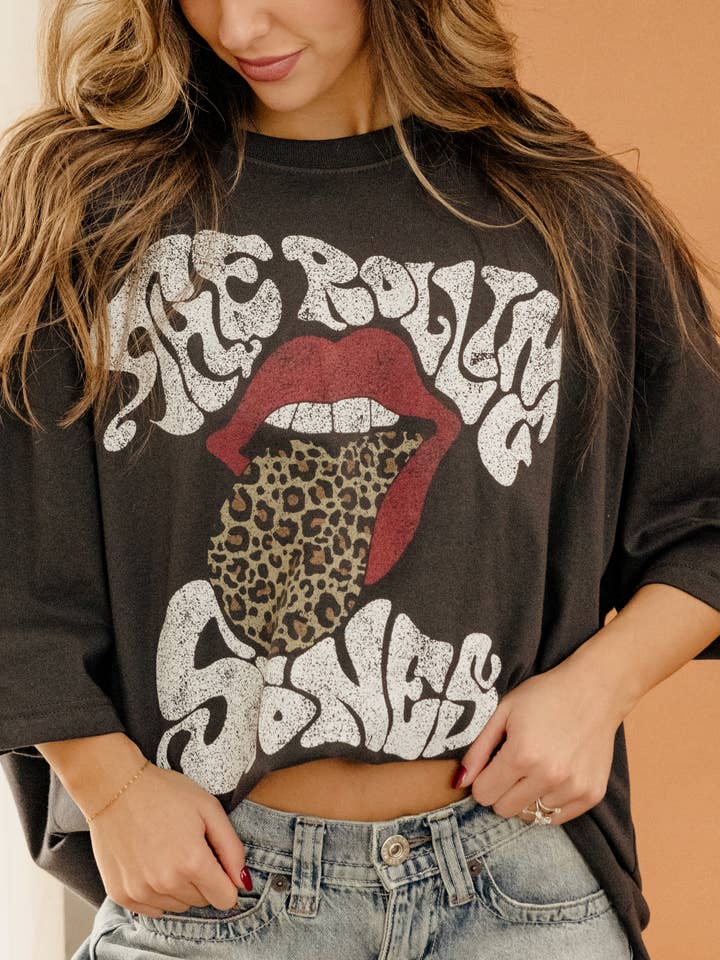 LivyLu - Wholesale T-Shirt (Graphic) - Women's - Rolling Stones Leopard Words Smoke One Size Licensed Tee