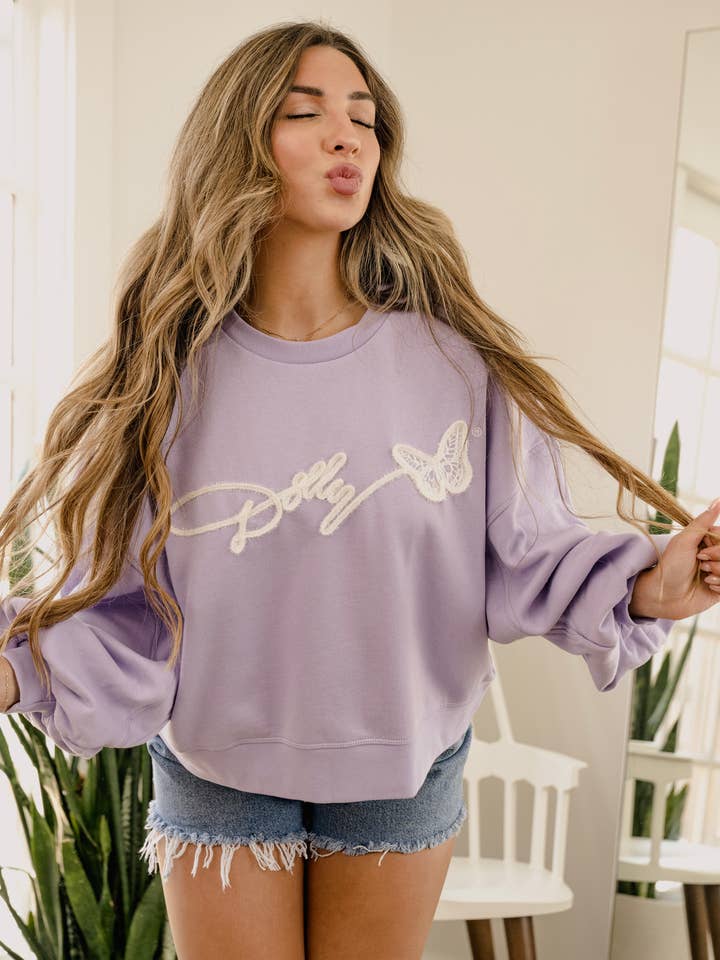 Dolly Parton Tinsel Purple Hi-Dive Sweatshirt for wholesale by LivyLu
