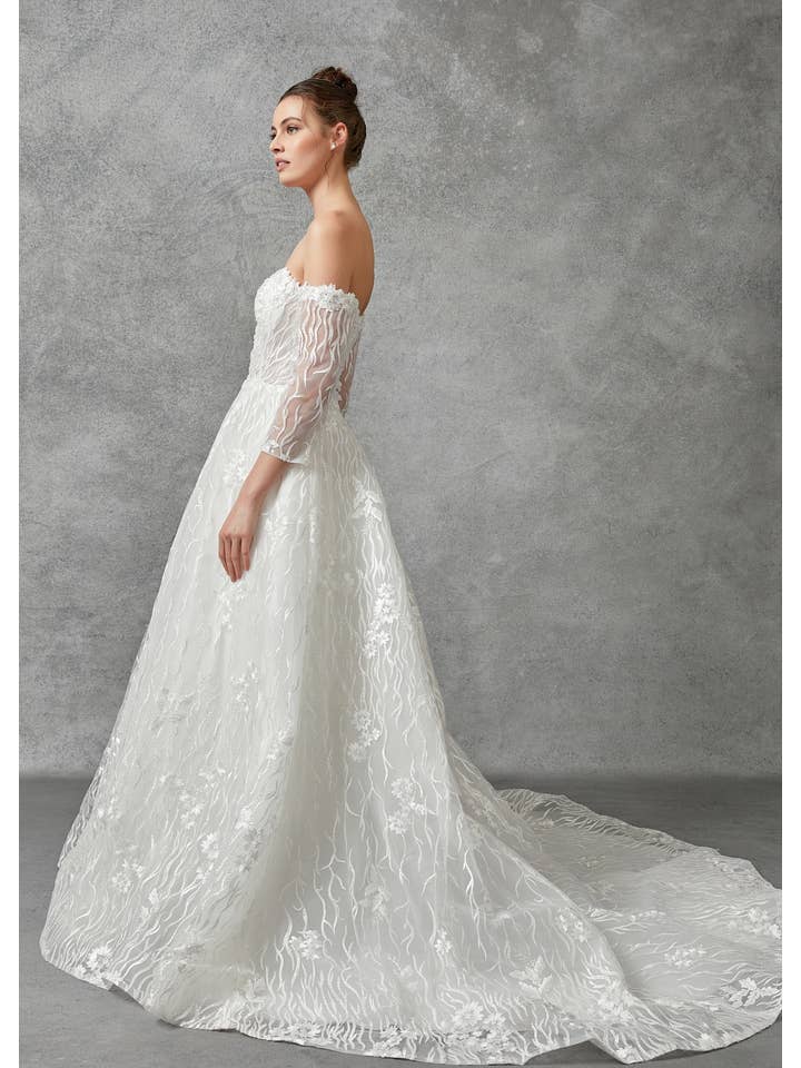 GEWEICHT Hochzeitskleid mit langen Ärmeln und schulterfreiem A-Linien-Schnitt für den Großhandel auf Faire2