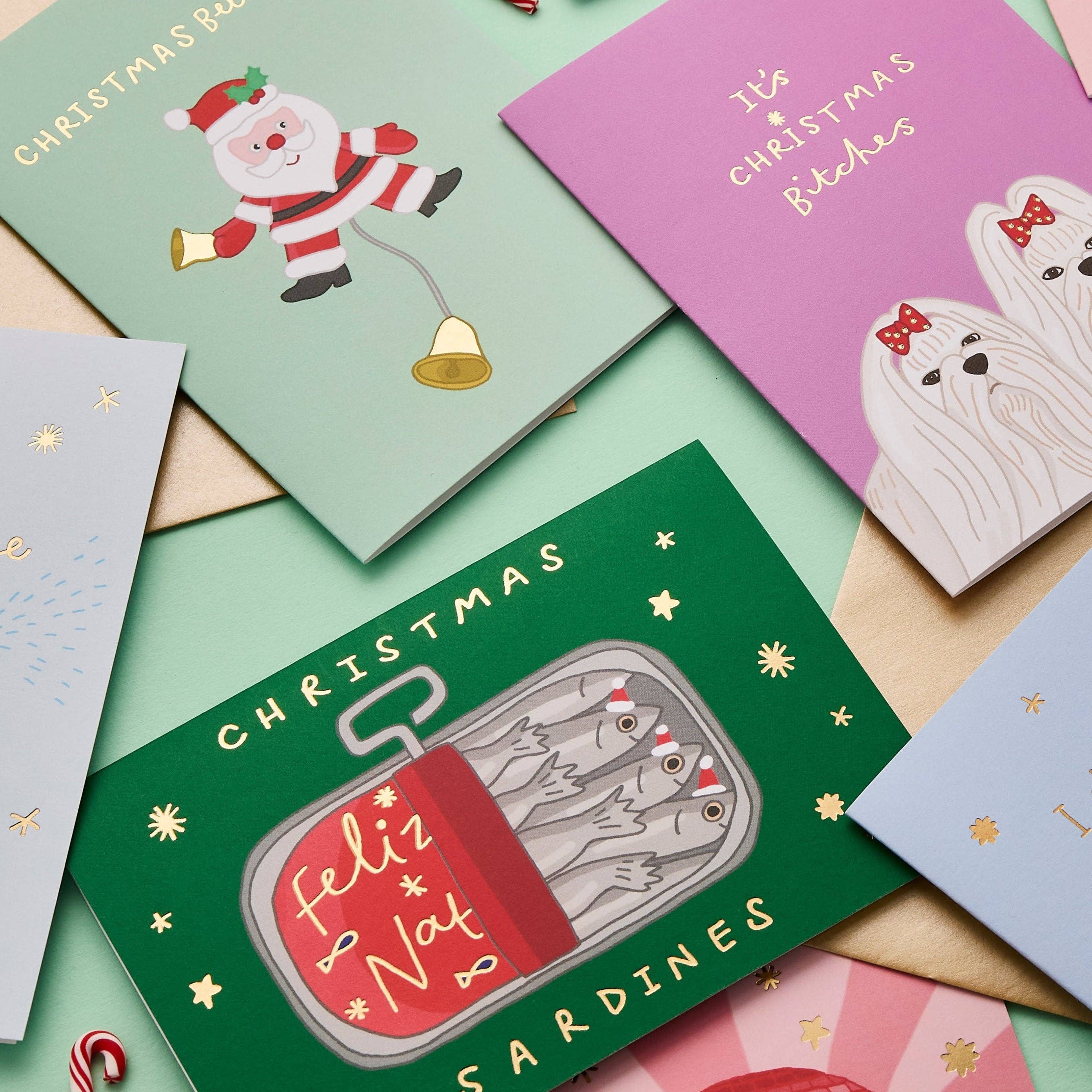 You've Got Pen On Your Face - Vendita all'ingrosso Biglietti di auguri di Natale - Sardine natalizie | Divertente biglietto di Natale | Finitura in lamina dorata2