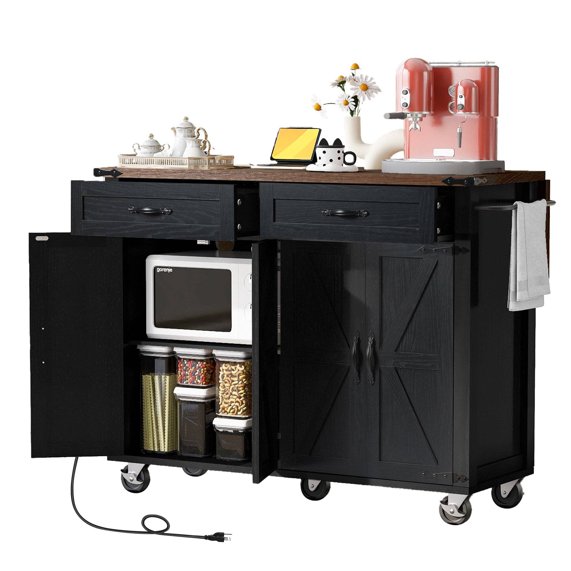 Orange County Decor - Wholesale Kitchen Storage/Organizer - K&K 53.5''Farmhouse Kitchen Island With Power Outlet, Kitchen Storage Island With Drop Leaf, Spice Rack And Drawer, Rolling Kitchen Cart On Wheels, For Home, Kitchen And Dining Room, Black Black24