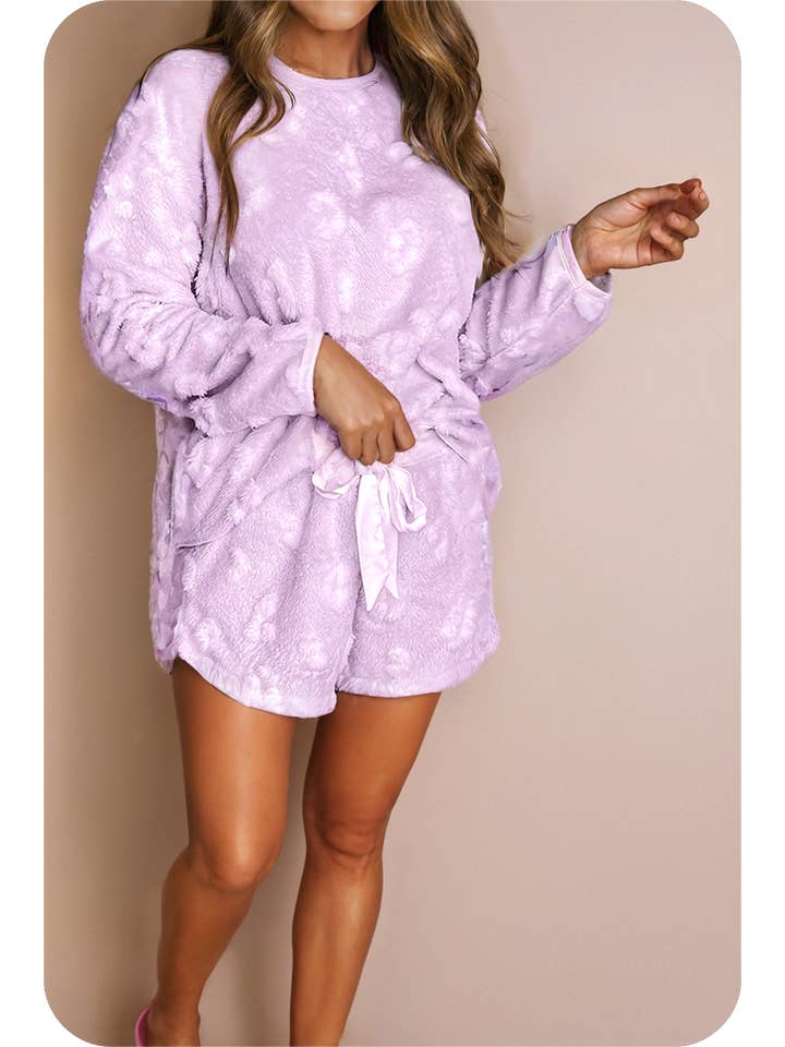 LA Society - Wholesale Lounge Set - Women's - Leopard Textured Fleece Loose Two Piece Lounge Set
