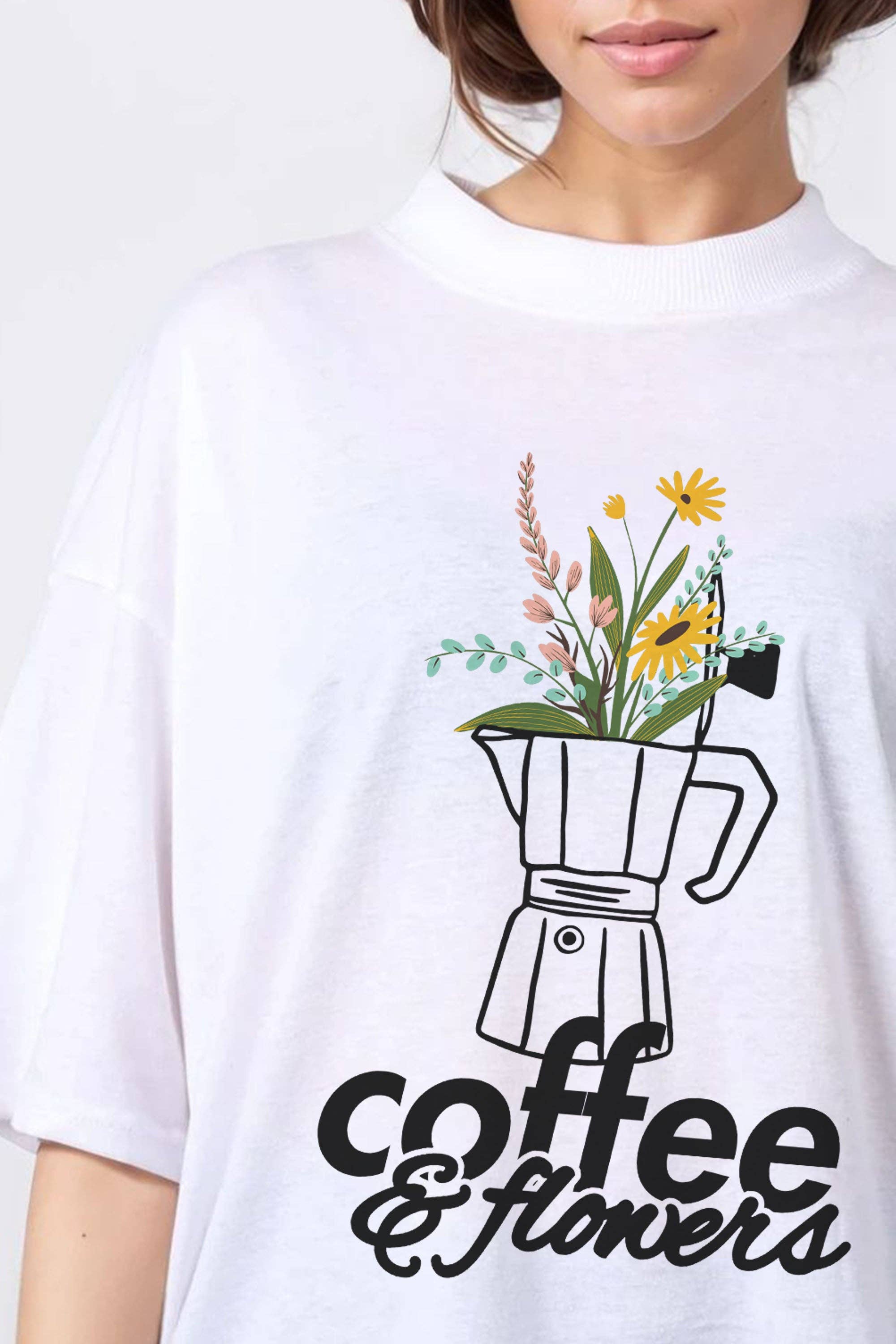 White Women 150GSM Oversized T-Shirt in Coffee and Flowers Print for wholesale on Faire1