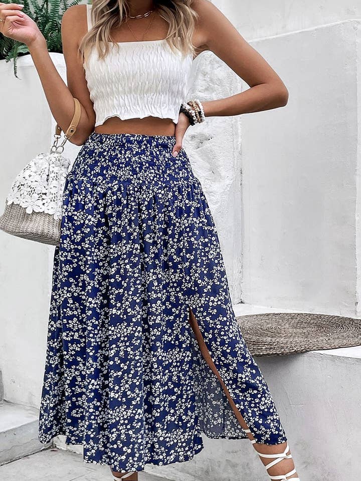 NAVY CWBMS0086_Smocking Detailed Print skirt for wholesale on Faire4