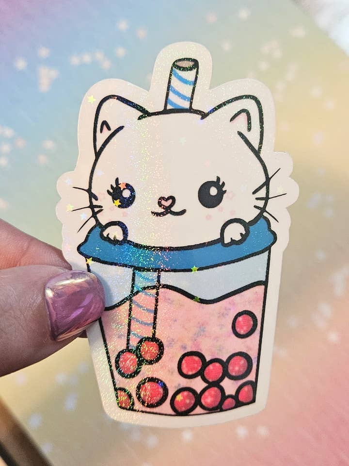 Cute kitty Boba sticker for wholesale by Unsupervised Art