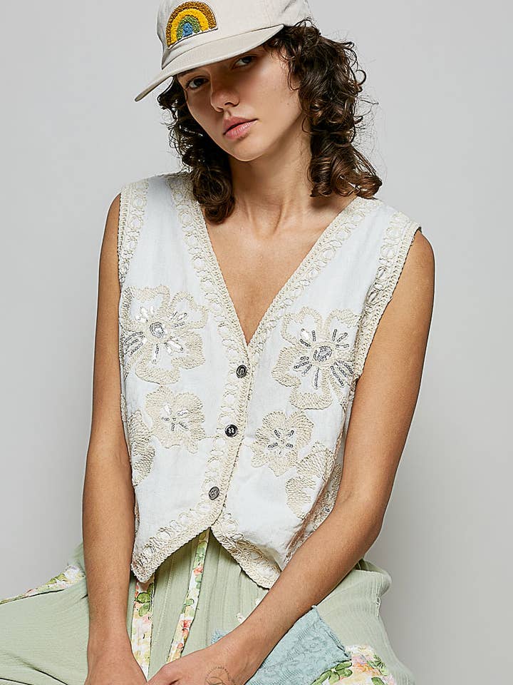 V-Neck Relaxed Fit V-Shaped Hem Crochet Vest Top for wholesale by Pol Clothing