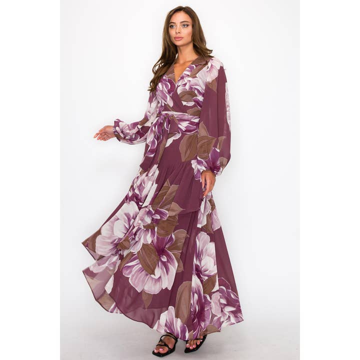 HYFVE - Wholesale Dress - Women's - CHIFFON FLORAL LONG SLEEVE WRAP V-NECK MAXI DRESS5