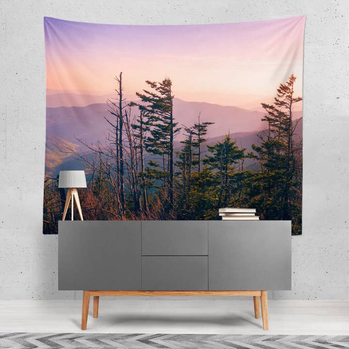 Smoky Mountains Sunset Wall Tapestry, Tennessee skovindretning for engroshandel hos lostkatphoto