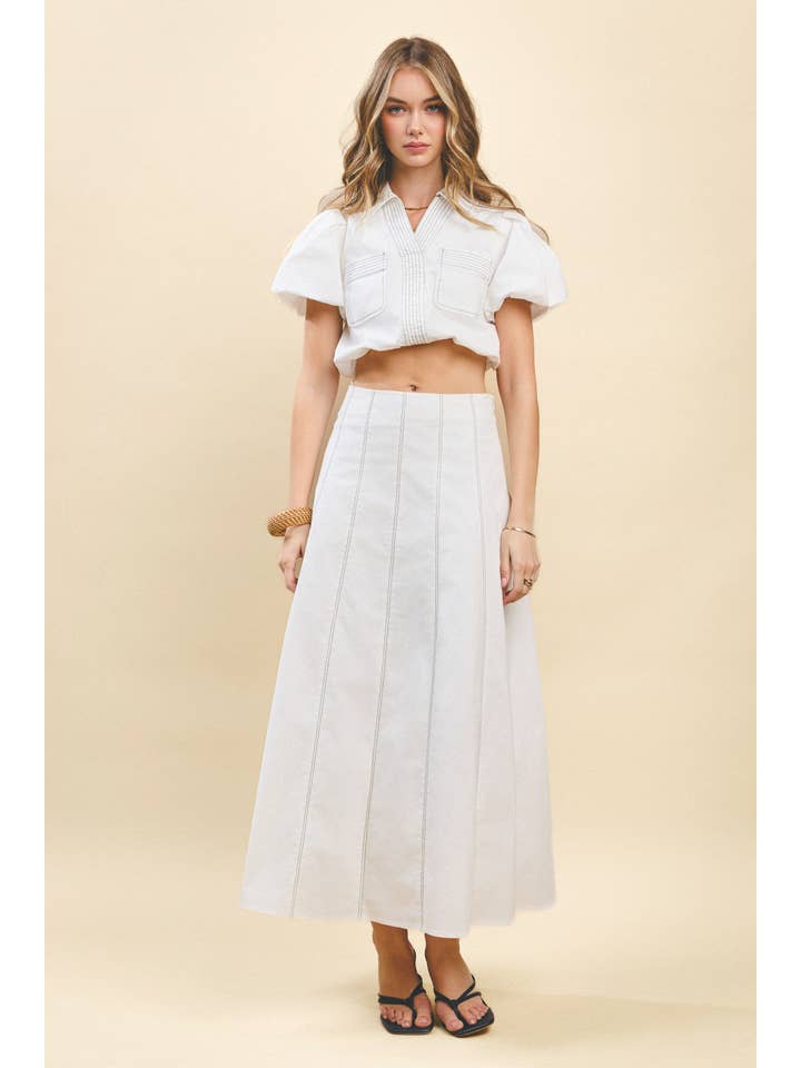 White CT9355-Bubble Sleeves Contrast topstitching Detail Top for wholesale on Faire