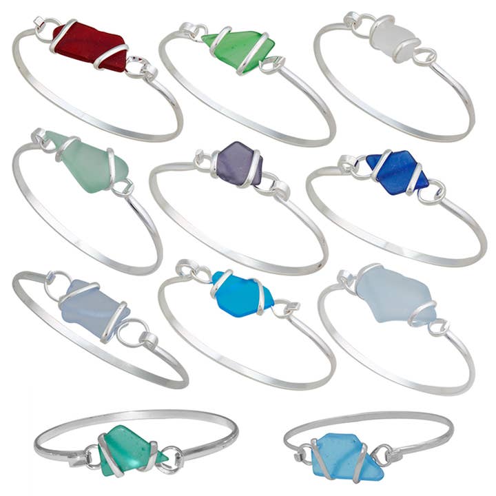 Dozen Assorted Pompano Beach Glass Bangles - Silver Plated for wholesale by Charles Albert Inc