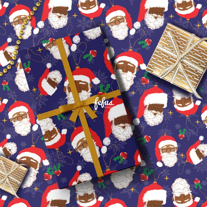 Fefus Designs - Wholesale Flat Wrap - Black Santa Christmas Wrapping Paper 50cm x 70cm | Premium Xmas Gift Wrap | Fefus Designs1