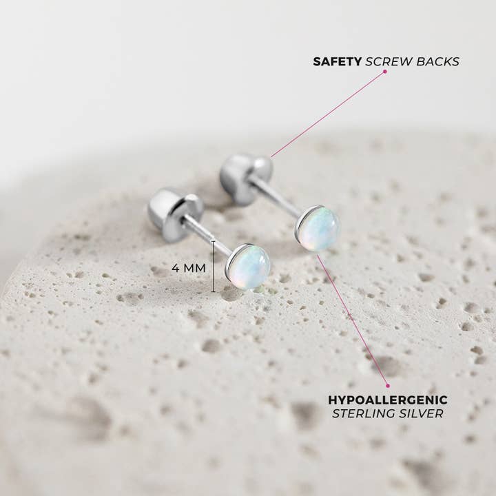 In Season Jewelry - Wholesale Earrings - Kids - Opal Button 4mm Baby Toddler Kids Earrings - Sterling Silver