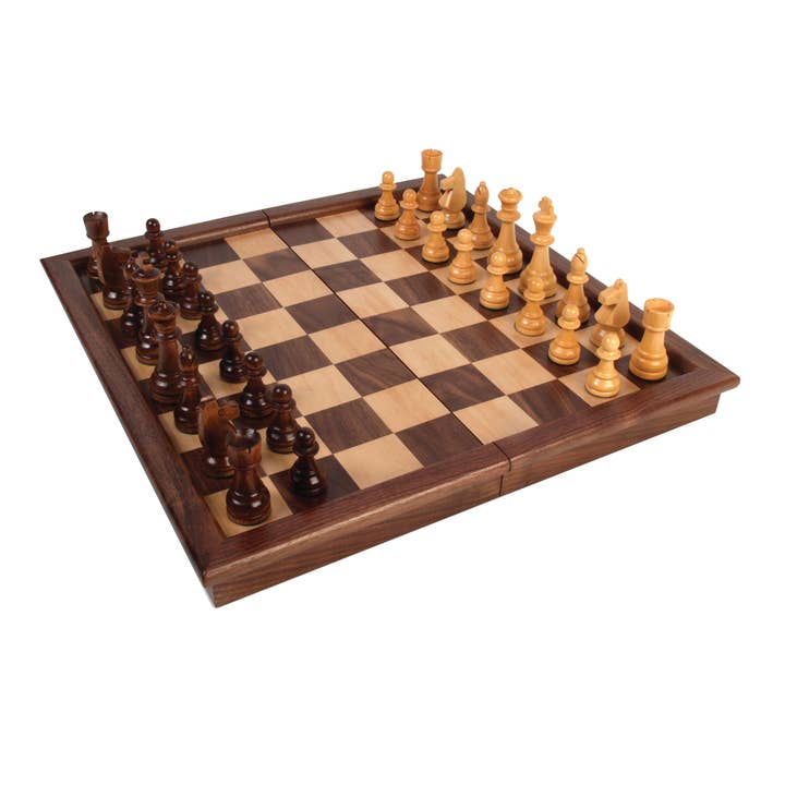 17.5" Folding Tournament Chessboard Set Walnut Inlaid 3.5" K for wholesale by Hansen Game Gift & Toy Company