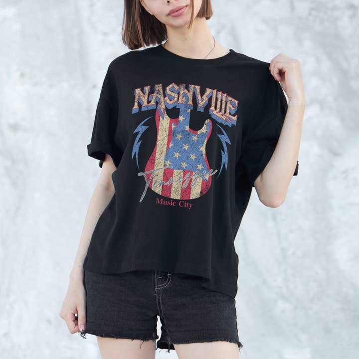 Nashville Tennessee Music City Guitar US Flag T-Shirt for wholesale by Achitopia