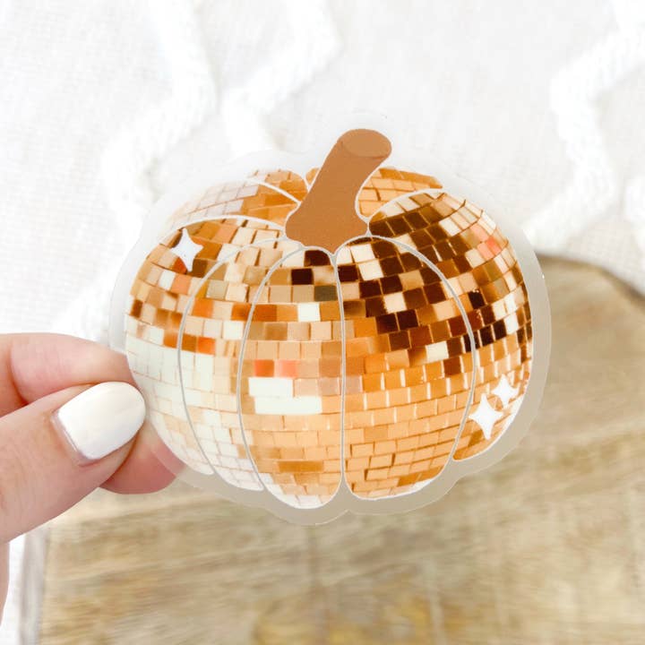 Elyse Breanne Design - Wholesale Sticker - Clear Disco Ball Pumpkin Sticker, 2.9x2.9 in.