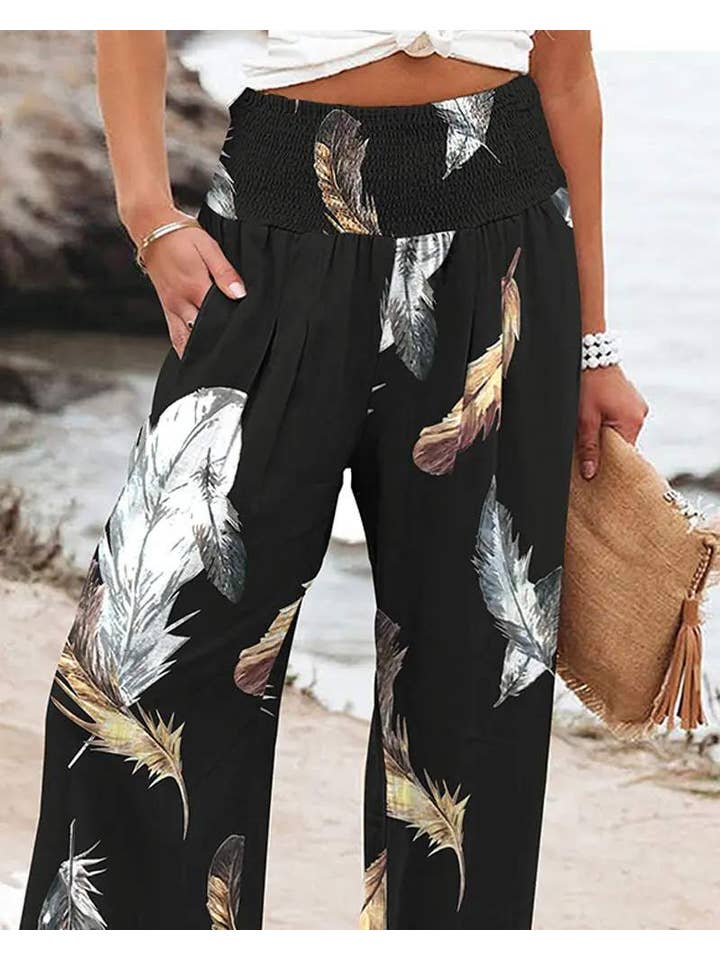BLACK feather print high waist wide leg pants for wholesale on Faire2
