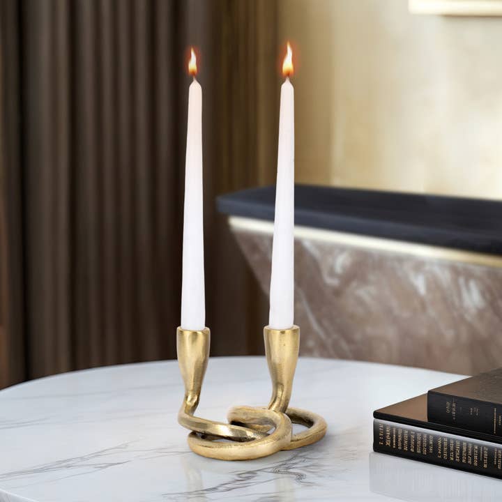Candle Holder - Gold Metal Knotted 2-Taper, 6 in. for wholesale by Sagebrook Home