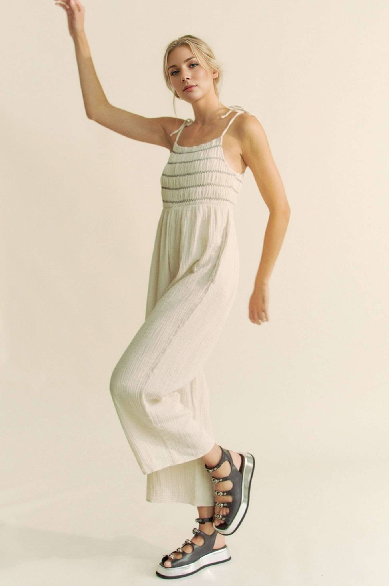 Davi & Dani - Wholesale Jumpsuit - Women's - GARMENT WASHED MULTI SMOCKED TIE STRAPS JUMPSUIT3